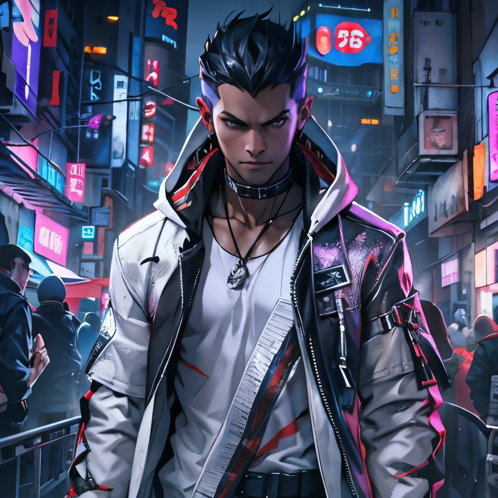 Young Male, Assassin, Hood, White Coat, White Shirt, Cyberpunk, Hidden Blade, Handsome, Dark Skin, ((Draconic Scales)), Reptilian Arms, Black Hair, Shorthair, Purple Eyes, Reptilian Eyes, Scars, Menacing, Slim, Lean, 3D, Realistic, Tokyo City, Very Detailed, HD, 8K, Mastepiece, HDR