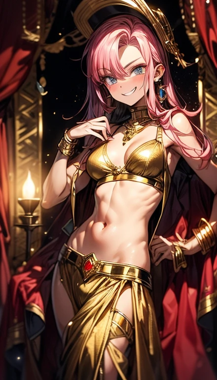 A smug narcissistic pink haired woman wearing a golden bra and golden pants and lots of jewelry flaunting herself