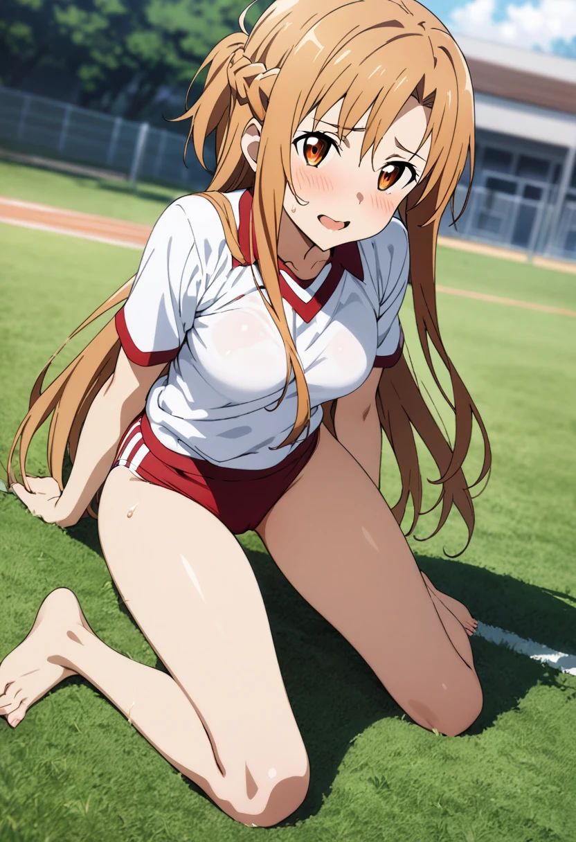 nsfw,1girl, asuna \(sao\), sword art online, ,full body,sweat,see through,((school gym buruma)),show off nipple,school ground,gray sky,rain,masterpiece, best quality, absurdres,