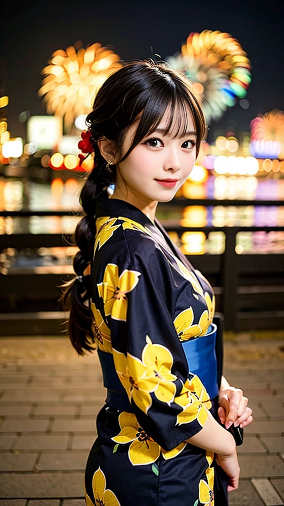 Fireworks display,whole body,yukata,Black Hair,braid,