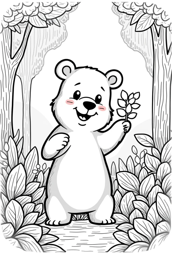 a coloring book of a bear doing something with a some leaves and branches on the huge forest, no color, white background, thick lines, strokes only, cartoon style