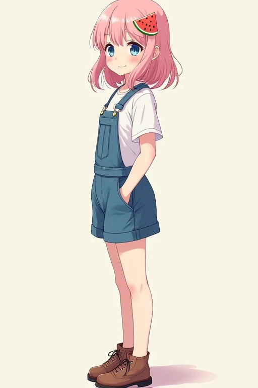 A full-body side-view portrait of a beautiful anime high school girl with light pink fluffy long hair, a triangular watermelon decoration in her hair, blue eyes, wearing blue overalls over a white shirt, and brown shoes.