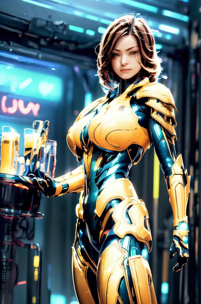 Highest quality, masterpiece, figure, (Realistic, photo-Realistic:1.37), wonderful, In detail, Incredibly absurd, Large file size, Very detailed, High resolution, Very detailed CG Unity 8k wallpaper, Very detailed目と顔, Ray Tracing, Browsing Caution, One boy, Brasilian cyborg boy is innocent and young々Has a sly expression. He poses boldly with her arms raised above her head, Revealing her voluptuous figure. She is wearing a small black mecha armor top that barely covers her breasts., Exposing most of her flawless skin. Her shoulders and head have more armor detailing.、There are shining highlights, Tech Panels and Mechanisms. She is standing against a futuristic cityscape lit up with vibrant neon lights.、Standing full of energy。.