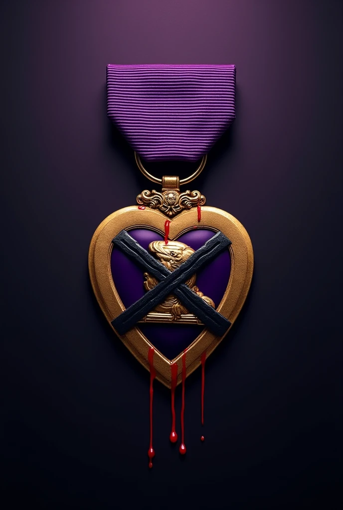 Purple heart crossed out with a black X and spilling red blood