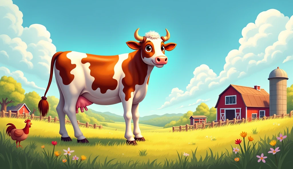 Create a lively and charming illustration of a farm scene with a focus on a cow. The cow should be standing proudly in a sunlit field, showcasing her shiny, freshly groomed coat. Around her, depict other classic farm elements like a barn, a silo, and grazing grass. The background should be bright and colorful, with clear blue skies and a few fluffy clouds. Add some additional farm animals like chickens or pigs to enhance the farm atmosphere. The overall scene should be warm and inviting, capturing the essence of a cheerful day on the farm.