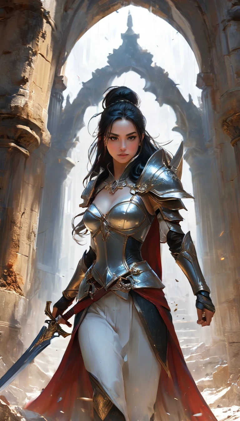 create an illustration of Malenia walking towards the viewer wielding a long sword that she drags on the ground. She is in a ruined dungeon with a vaulted ceiling shape.. The image must show all the beauty and glory of Malenia blade of miquella.