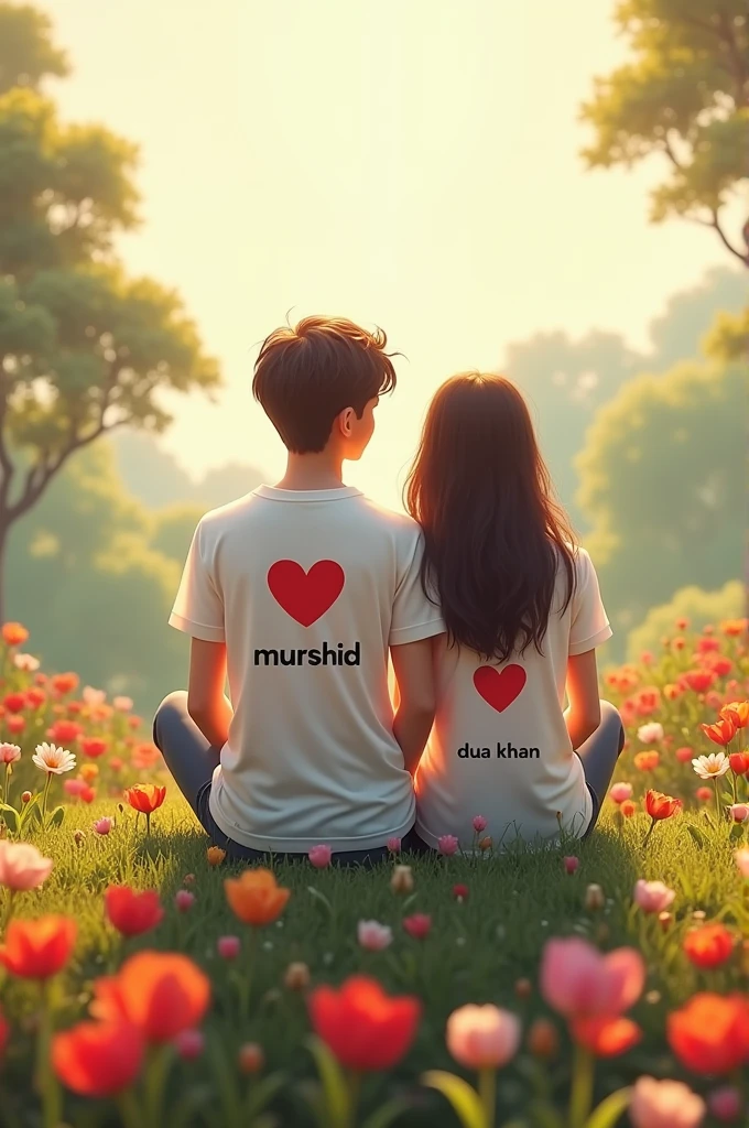 1. A young cute couple, enjoying a peaceful moment on a flower garden peak, both wearing white T-shirts. The boy's T-shirt has the name 'Murshid' written in deep black letters, positioned above a red heart ❤️. Similarly, the girl's T-shirt features the name 'Dua Khan' in dark black letters, also above a red heart ❤️.