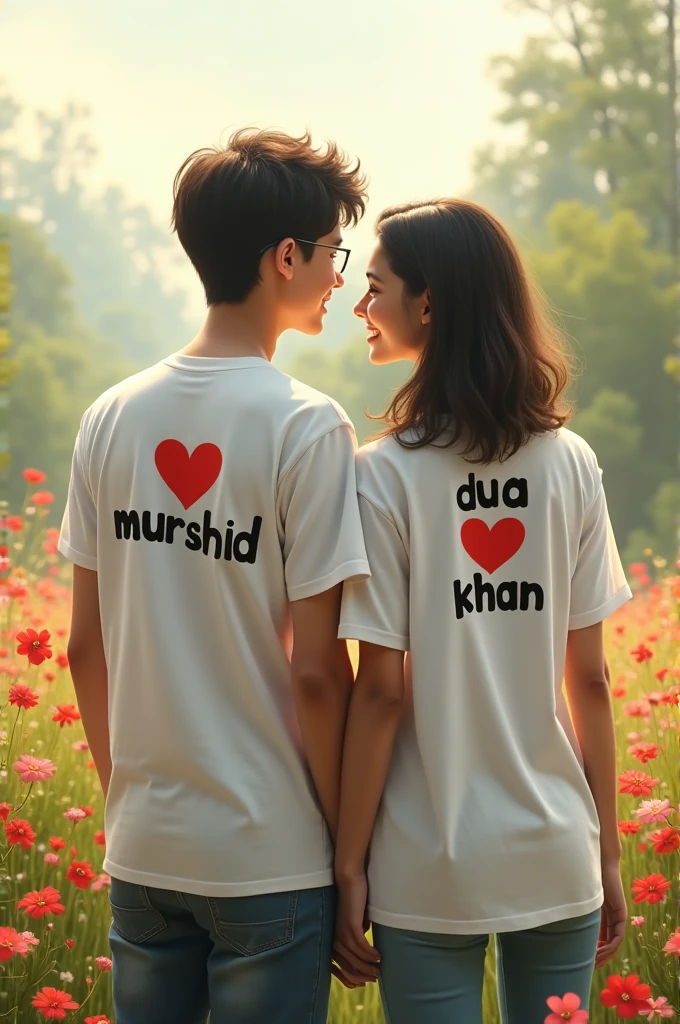 1. A young cute couple, enjoying a peaceful moment on a flower garden peak, both wearing white T-shirts. The boy's T-shirt has the name 'Murshid' written in deep black letters, positioned above a red heart ❤️. Similarly, the girl's T-shirt features the name 'Dua Khan' in dark black letters, also above a red heart ❤️.
