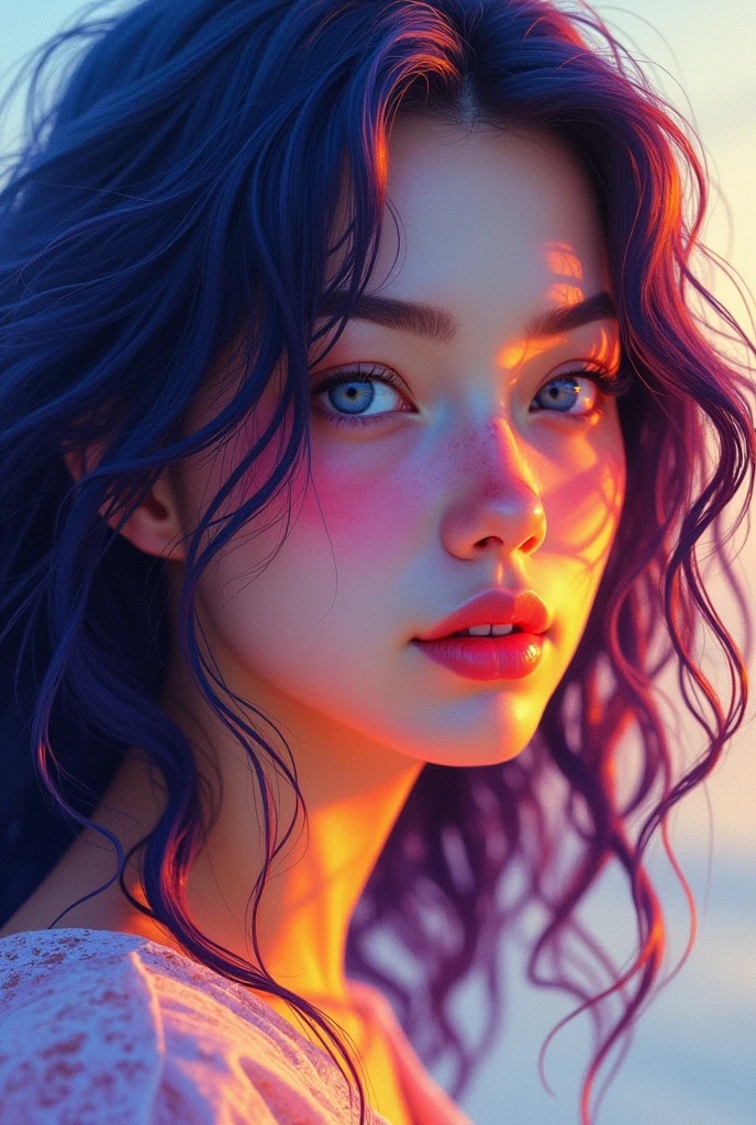 Colorful beautiful girl:28-year-old girl,dirty hair,oil painted,perfect face,soft skin, perfect face,blue-yellow colors,Added light purple and violet colors.,added light red color,complex parts,screensaver,permission 8k,chedevr, cute face, ArtStation digital painting provides smooth and very black ink flow.:Photorealistic masterpiece in 8k resolution:complex detailed painting with liquid gouache:author: By Jean Baptiste Mongue:calligraphy:propylene:watercolor art,professional photo shoot,daylight,Minimalistic photographic illustration of volumetric lighting:author Мартон Бобзерт: ,difficult,elegance,Раскидистый,magical dream,Wavy hair,with dynamism
