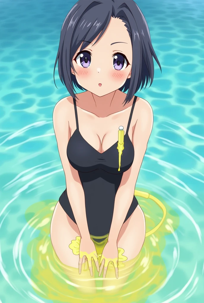Anime, girl, girl in a swimsuit, girl in a swimsuit with a tube that is inserted into a swimsuit, pees, pees herself, pees with yellow urine, pees into a tube that is inserted into a swimsuit, yellow urine flows from a tube that is inserted into a swimsuit, urine flows into the pool, bright yellow urine dissolves in the pool