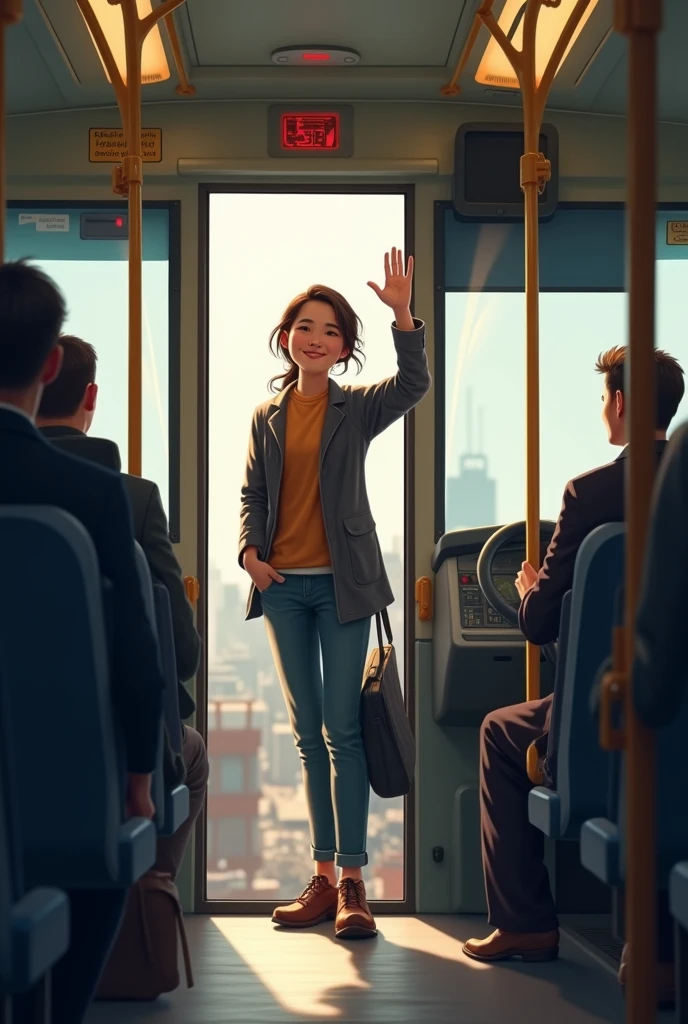 A passenger waving goodbye to the bus driver from the bus exit door.