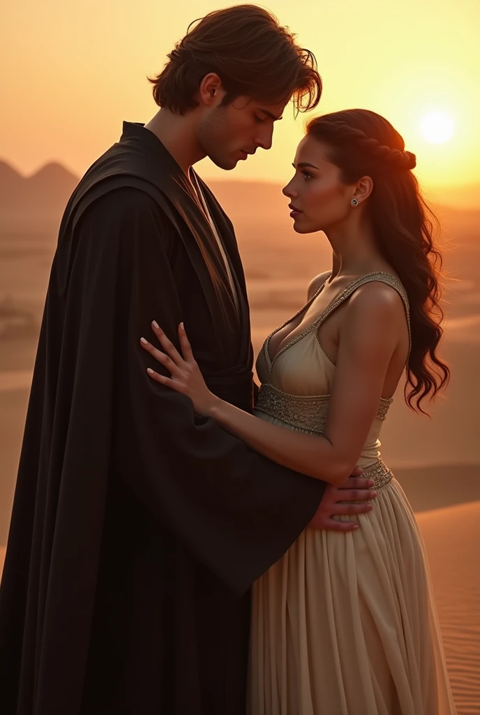 A stunning portrait of Anakin skywalker holding Padme Amidala, She is pregnant, young and beautiful, hyper realistic, real portrait, backlit, exquisite features, cleavage, sexy, seductive, Tatooine, natural light, soft light, Star Wars, Padme is pregnant, Anakin is 6 inches taller than Padme, Anakin is wearing black leather robes, a akin is the epitome of strength, and power, Padme is the embodiment of softness, and love, Anakin is tall, tatooone has two suns, sunset, Hayden Christensen is Anakin