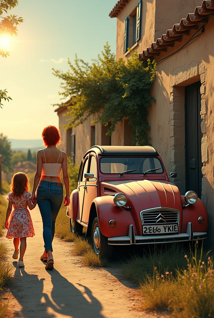 Old blue Citroën 2cv, appearing abandoned, standing next to the rustic house in Provence. In the foreground, 25 year old girl, redheadwear, short-hair, wearing very tight jeans and cropped tops, pass by it, curious and amazed, commenting with his 5 year old sister, with flower dress. sunset