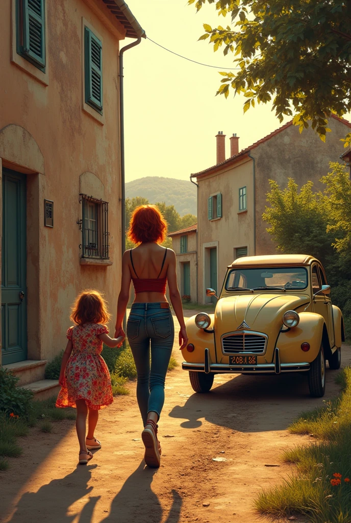 Old blue Citroën 2cv, appearing abandoned, standing next to the rustic house in Provence. In the foreground, 25 year old girl, redheadwear, short-hair, wearing very tight jeans and cropped tops, pass by it, curious and amazed, commenting with his 5 year old sister, with flower dress. sunset