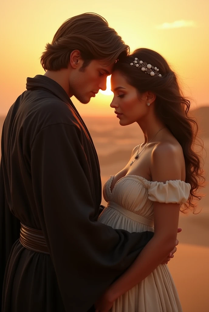 A stunning portrait of Anakin skywalker holding Padme Amidala, She is pregnant, young and beautiful, hyper realistic, real portrait, backlit, exquisite features, cleavage, sexy, seductive, Tatooine, natural light, soft light, Star Wars, Padme is pregnant, Anakin is 6 inches taller than Padme, Anakin is wearing black leather robes, a akin is the epitome of strength, and power, Padme is the embodiment of softness, and love, Anakin is tall, tatooone has two suns, sunset, two suns are visible