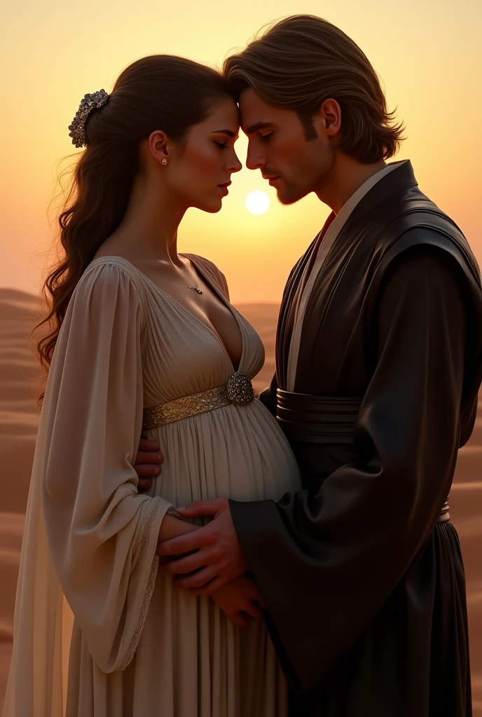 A stunning portrait of Anakin skywalker holding Padme Amidala, She is pregnant, young and beautiful, hyper realistic, real portrait, backlit, exquisite features, cleavage, sexy, seductive, Tatooine, natural light, soft light, Star Wars, Padme is pregnant, Anakin is 6 inches taller than Padme, Anakin is wearing black leather robes, a akin is the epitome of strength, and power, Padme is the embodiment of softness, and love, Anakin is tall, tatooone has two suns, sunset, two suns are visible