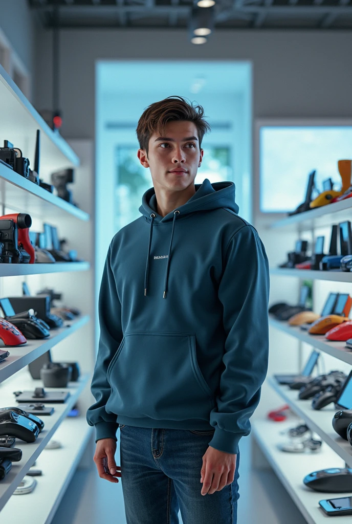 Create a 20yerar boy standing in front of the unique 10 numbers of different gadget ignore mobiles store shelves