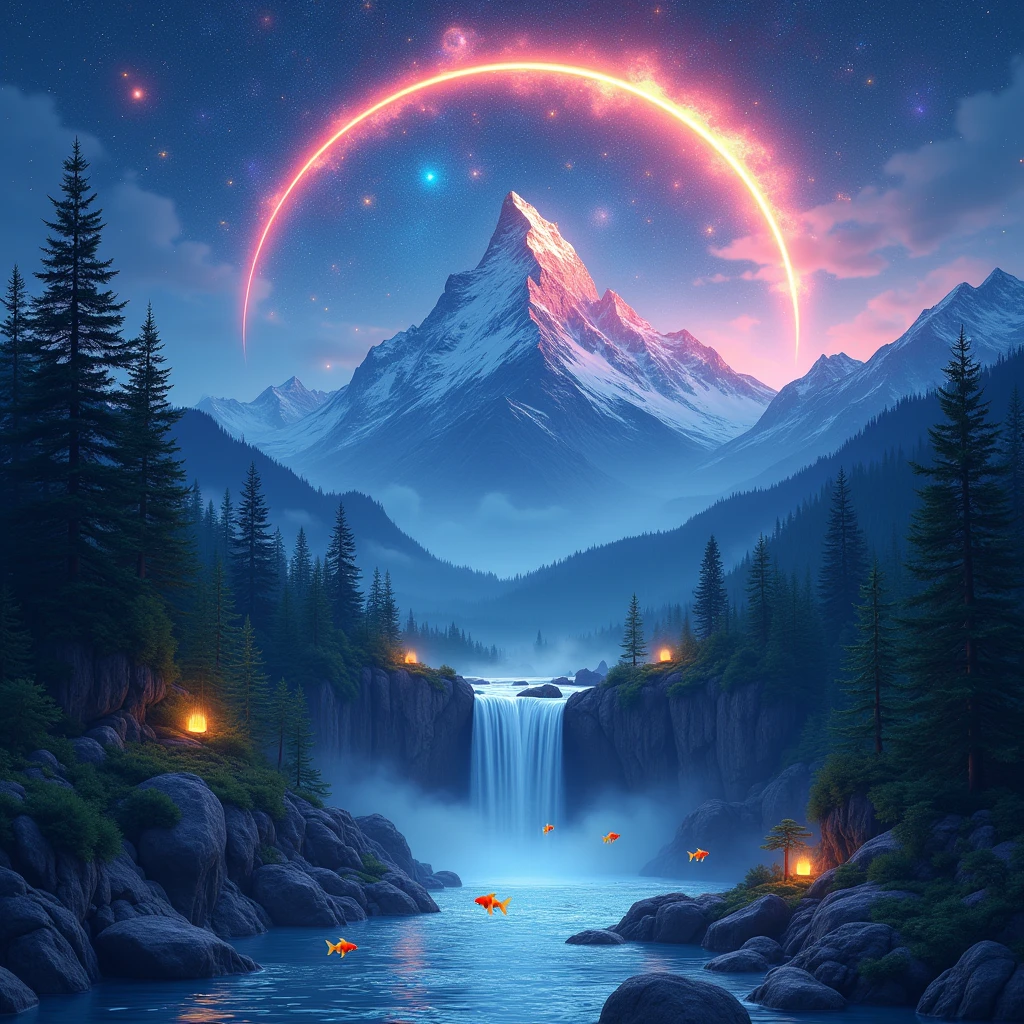 (photorealism:1.2), clear night skies with million galaxy and trillions stars and all planets and rainbow above the mountain and pine tree and falls with yin and yang gold fish and a upside down