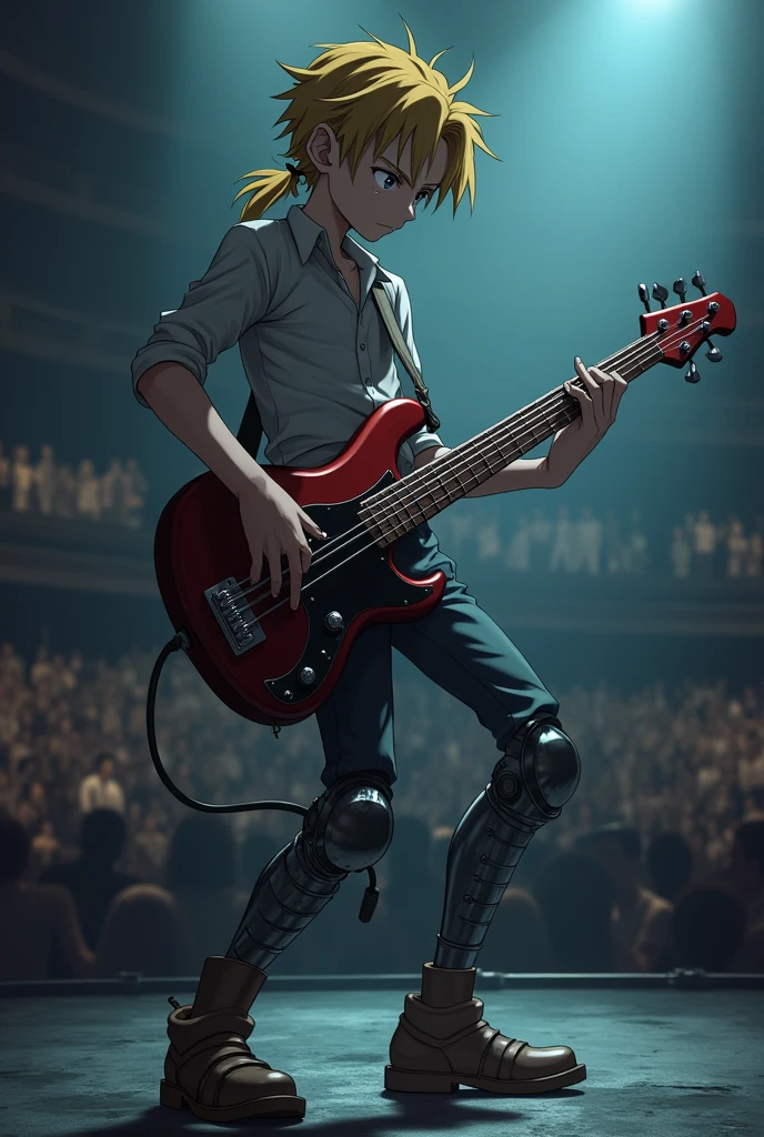 Faça o Edward Elric do fullmetal alchemist, playing bass in front of a stage, in the middle, with the mechanical left leg on the return box.