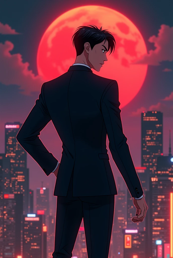 Show me a animated picture of a asian young man wearing a fitted black suit showing his face and turning his back into a background featuring a night city with a red moon