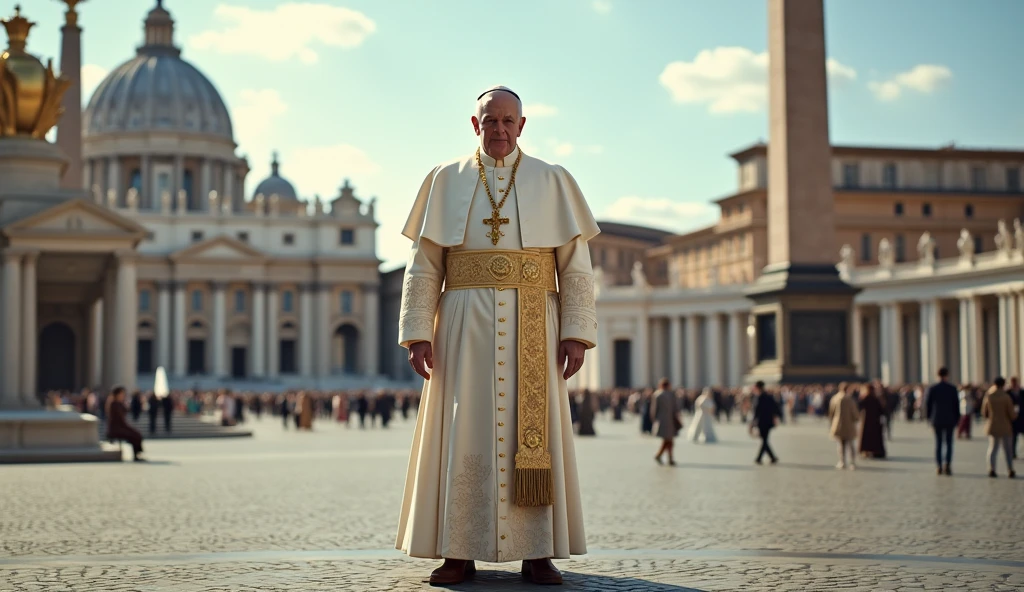 Scene set in St. Peter's Square in the Vatican. The focal point of this image is the brown no laces ankle boots the Pope is wearing. White clothes and highly ornately decorated outfit with papal insignia. The background is St. Peter's Square in the Vatican. The scene captures the moment of religious significance and the historical and artistic richness of St. Peter's Square. Ultra-realistic photo, 16k, ultra high resolution, photorealistic, Ultra HD.