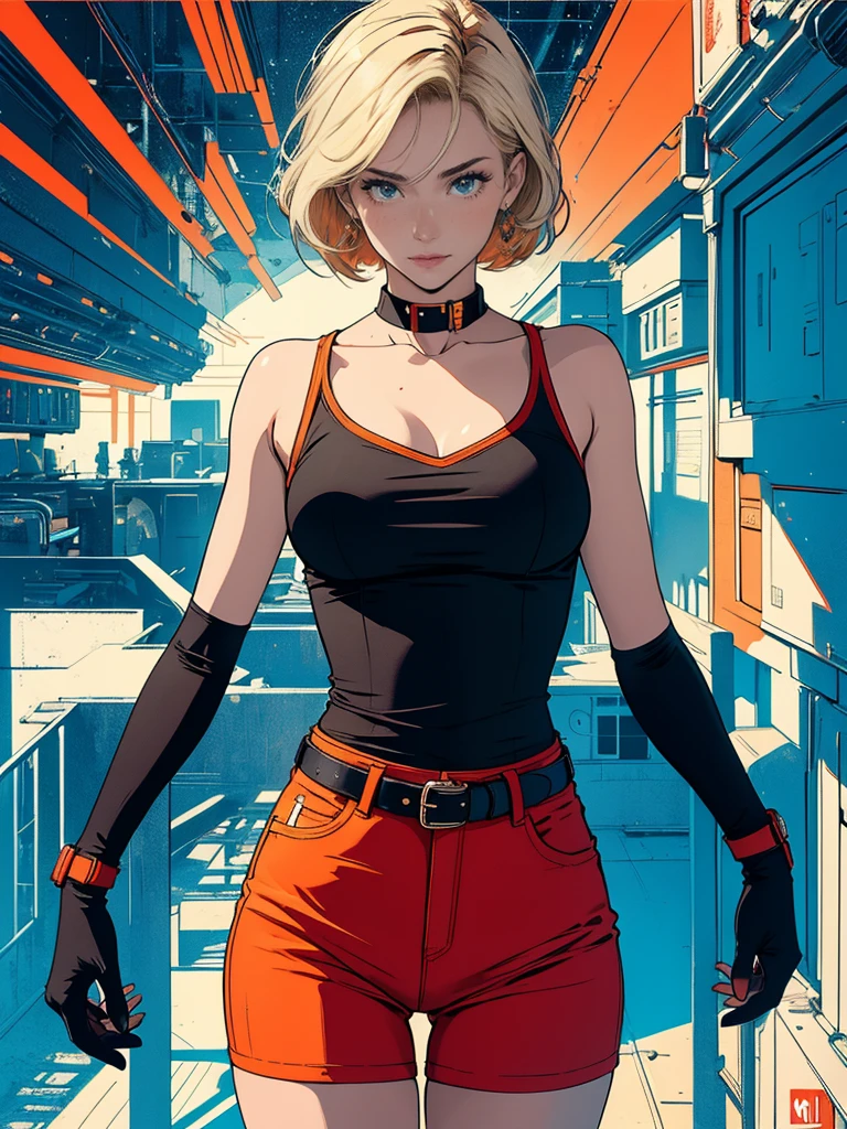 ((masterpiece, Highest quality)), (((whole body :1.5))), 32K Wallpapers, Very detailed, Poster, Vintage science fiction, 1960s,(((geometric cinematic movie Poster))), (Bauhaus), shape,Abstract, Midcentury Modern, movie Poster, Vintage, Perfect Lady,1970s,Halftone,Speech bubble,(((portfolio,close))), Tall and straight blonde mature girl, Sexy, Medium Neck, He is wearing a plain, tight orange short-sleeved U-neck T-shirt, She completely exposed her midsection, She is wearing jeans, she wears a large orange belt with a red heart-shaped buckle, beautiful abdomen, Beautiful thighs, Long and slender thighs, A pose that makes it appear as if you are facing forward with your hands on your hips, whole body