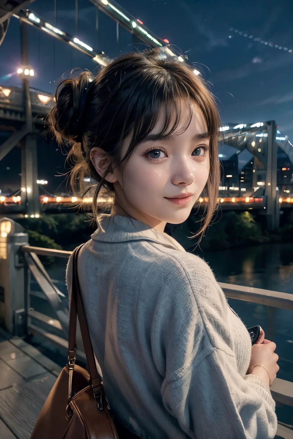 8k, RAW Photo, Best Quality, Masterpiece, Realistic, PhotoRealistic, Extremely Detailed 8k Wallpaper, Beautifully Detailed Eyes, Finely Detailed Face, 
 BREAK 
Professional Lighting, 
 BREAK 
(((s-bridge + building + city lights + cityscape + scenery + s-river + twilight + bluesky:1.7))), 
Perfectly Anatomically Correct:1.4, 
 BREAK 
1 Girl, 
Very Short Hair Bun:1.2, Symmetrical Clear Eyes:1.1, Captivating Eye Reflections:1.1, 
(Kawaii), [Japanese], Wide-Set Eyes, Big Eyes, tareme, (White Skinned), Embarrassed, Blush, -Yeld, 
und Face, Round Chin:1.2), Wet Hair, Messy Hair, Open Mouse Slightly, [Pouted Cheek], 
Light Smiling, 
Random SHIMAMURA Trendy Clothes, 
Looking Back Viewer, 
 BREAK 
SFW:1.0, 
 BREAK 
Long Shot:1.2, Bokeh:1.6