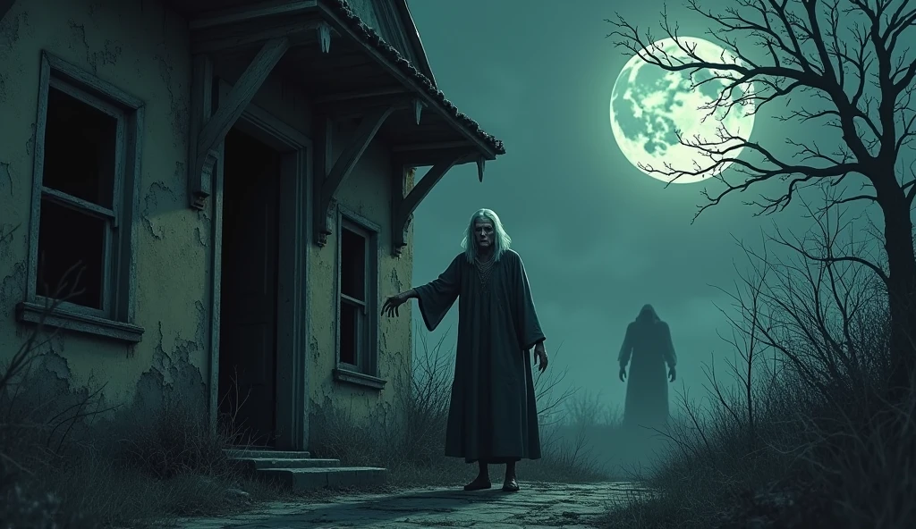 horror house, old woman , washed out color, light terror .man deep down, horror climate , large moon, ghost in the background