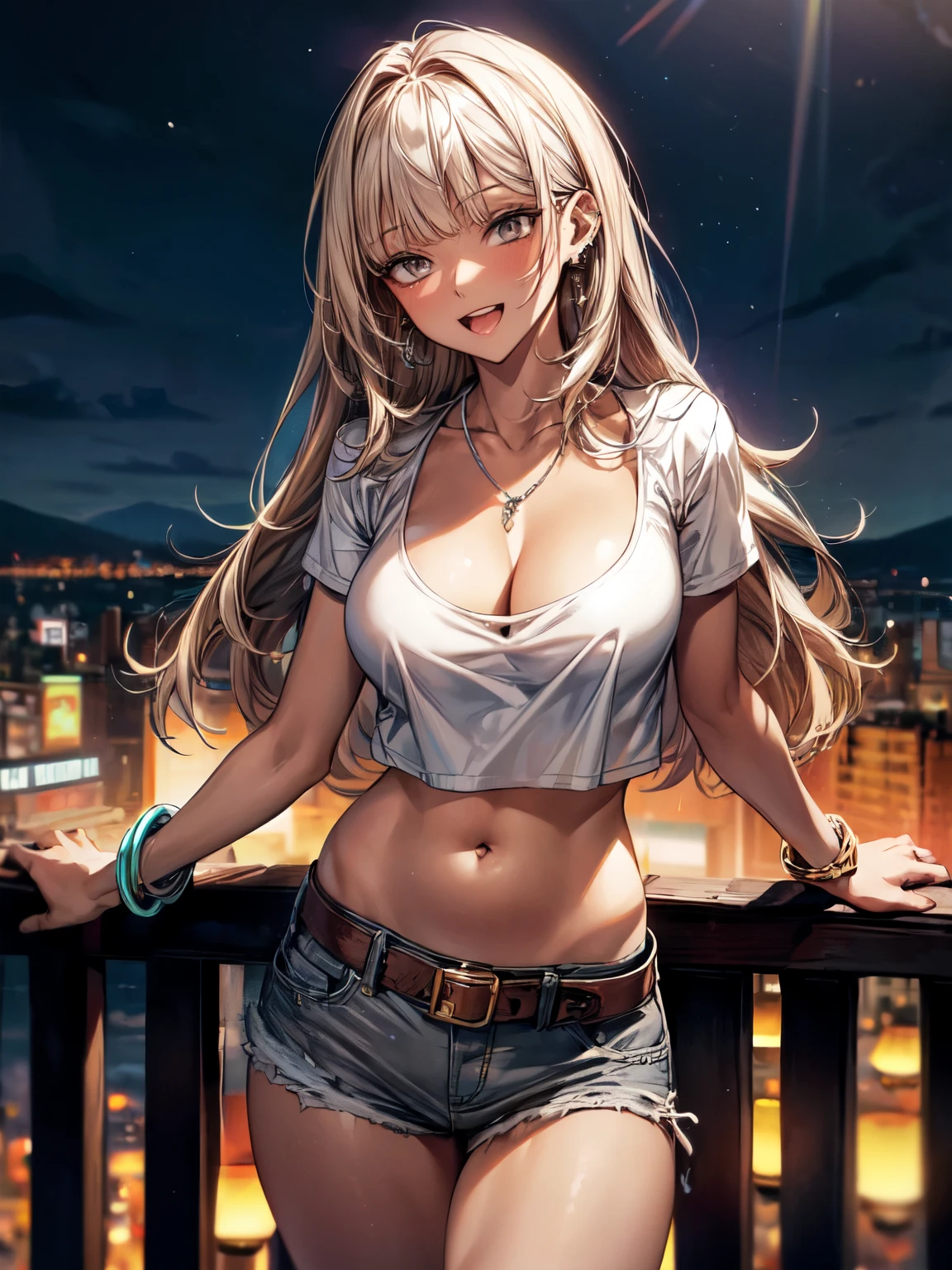 ((masterpiece, Highest quality, Very detailed)),
((natural cinematic lighting)),
One girl, 20 years old, gyaru, gal-style makeup, BREAK ((brown skin:1.3)), ((tanned skin:1,3)), ((blonde)), Long Hair, blunt bangs, wavy Hair, BREAK ((grey eyes:1.3)), ((slant eyes:1.3)),((thick thighs)), medium breasts,
((lots of pierced earrings, silver chain necklace, silver bracelet)), ((bare belly button, belly piercing)),
looking at viewer, cowboy shot,
smile, ((open mouth)),
random porn pose,
BREAK ((loose fit white cropped T-shirt)), ((cleavage:1.3)),
necklace, BREAK (blue denim shorts with a brown belt),
(beautiful scenery), (panoramic view:1.3), ultra-wide angle lens, ((Night City:1.3)), city, lanterns, street, (neon lights:1.1), starry sky overhead, (public:1.2),