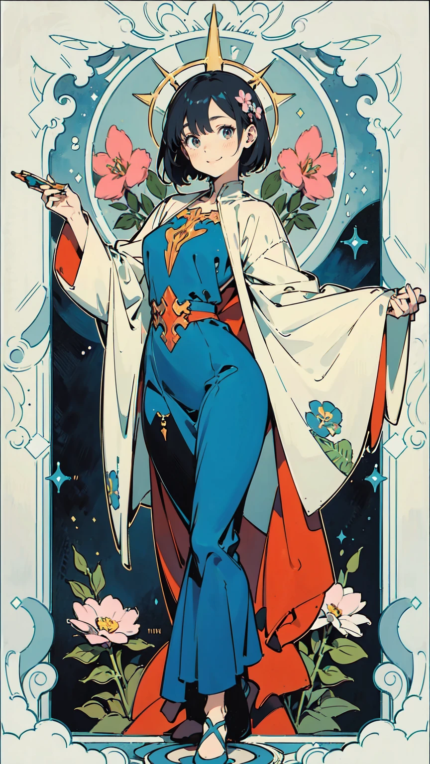Tarot Cards、Masterpiece、Highest quality、Amazing details、Detailed Background、Line art、Written boundary depth、Flat Shading、Mucha style、Art Nouveau、Botanical Art、Flower Art、Surrounded by lots of flowers、Hot Summer Fashion、Vintage Color、colorful、Anatomically correct、Slim figure、Thick thighs、Expressive eyes、smilingly、Perfect Face、Black Hair、Short Hair、Embarrassing、She is blushing