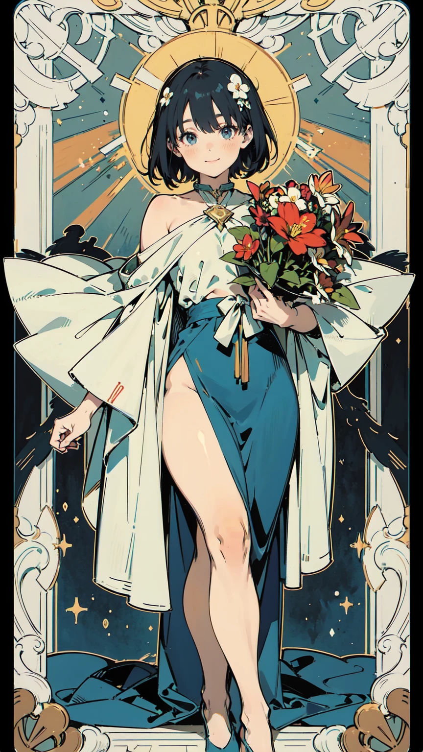 Tarot Cards、Masterpiece、Highest quality、Amazing details、Detailed Background、Line art、Written boundary depth、Flat Shading、Mucha style、Art Nouveau、Botanical Art、Flower Art、Surrounded by lots of flowers、Hot Summer Fashion、Vintage Color、colorful、Anatomically correct、Slim figure、Thick thighs、Expressive eyes、smilingly、Perfect Face、Black Hair、Short Hair、Embarrassing、She is blushing