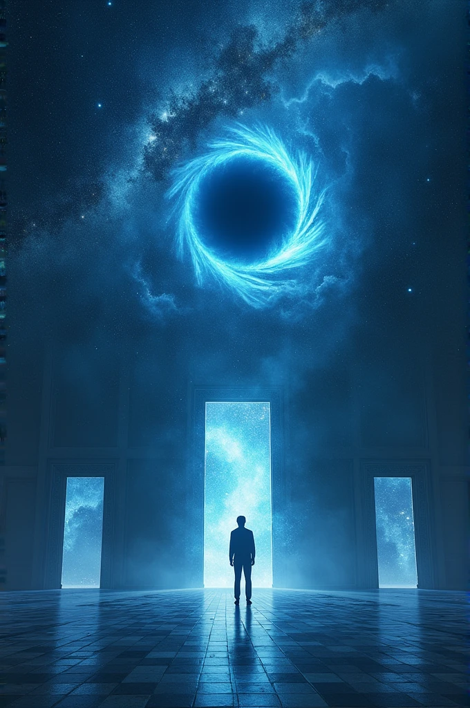 Starry sky with the blue black hole of interstellar pulling everything in, 
Three doors and a person in doubt about which door to choose Checkered floor 