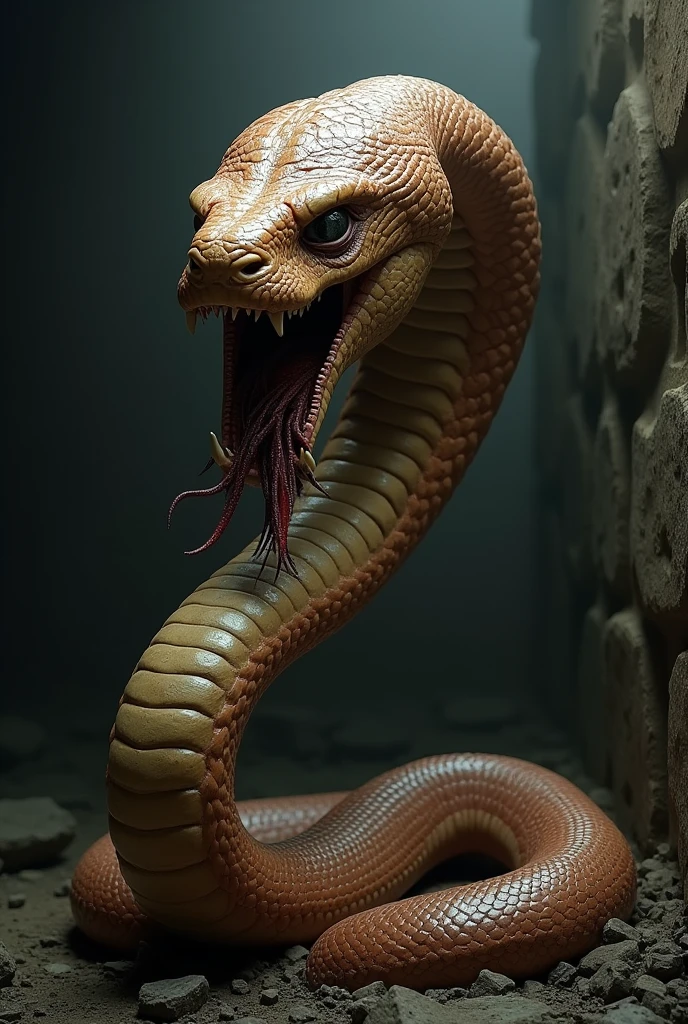 (photorealism:1.2), giant snake, brown boa constrictor, monster with human head, horror