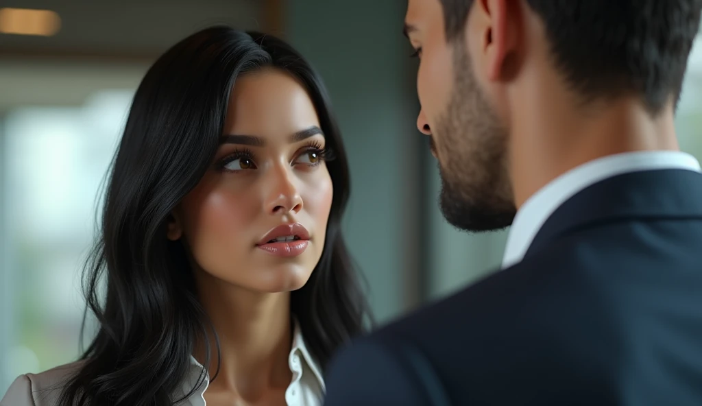 Beautiful woman meeting a man at work, the woman has long black hair, eyes browns, realistic and detailed face, age 25, highly realistic 4k model, the man appears to be around 40 years old, realistic and detailed faces