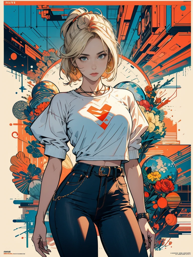 ((masterpiece, Highest quality)), (((whole body :1.5))), 32K Wallpapers, Very detailed, Poster, Vintage science fiction, 1960s,(((geometric cinematic movie Poster))), (Bauhaus), shape,Abstract, Midcentury Modern, movie Poster, Vintage, Perfect Lady,1970s,Halftone,Speech bubble,(((portfolio,close))), Tall and straight blonde mature girl, Sexy, Medium Neck, He is wearing a plain, tight orange short-sleeved U-neck T-shirt, She completely exposed her midsection, She is wearing jeans, she wears a large orange belt with a red heart-shaped buckle, beautiful abdomen, Beautiful thighs, Long and slender thighs, A pose that makes it appear as if you are facing forward with your hands on your hips, whole body