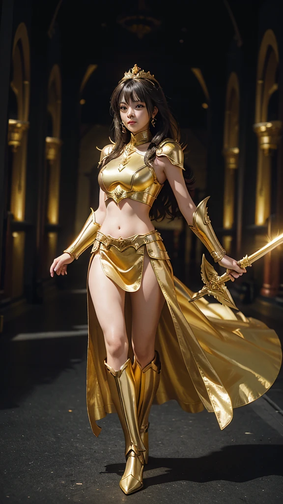 1girl, solo, saint seiya_custome, superhero, gold armor, Golden dress, beautiful princess, belly, being on the battlefield, the golden sword, Gold skirt, Standing, walking