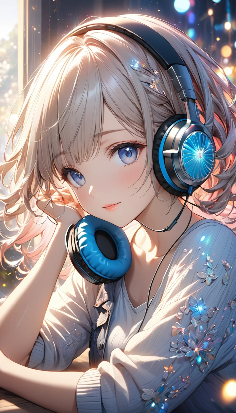 Highest quality, Intricate details, Very delicate, so beautiful, Highest quality, High Qualite, Very beautiful face, kindness, 超detailed hair, thin, cute, Perfectly symmetrical face, Upper body rest (Beautiful colors,detailed,Highest quality,Great quality,so beautiful),Lighting particles, Casual Fashion, Headphones