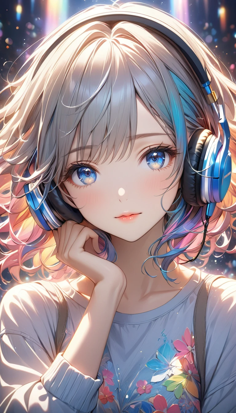 Highest quality, Intricate details, Very delicate, so beautiful, Highest quality, High Qualite, Very beautiful face, kindness, 超detailed hair, thin, cute, Perfectly symmetrical face, Upper body rest (Beautiful colors,detailed,Highest quality,Great quality,so beautiful),Lighting particles, Casual Fashion, Headphones