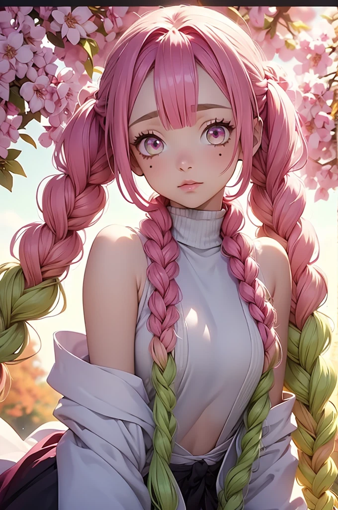 a digital painting of a woman with dyed pink hair and pink eyes, 1girl, solo, kanroji mitsuri, multicolored hair, green eyes, mole, pink hair, braid, green hair, sweater, long hair, gradient hair, mole under eye, looking at viewer, twin braids, breasts, parted lips, off shoulder, lips, sleeveless, autumn leaves, bare shoulders, autumn,mitsuri(demon slayer)
