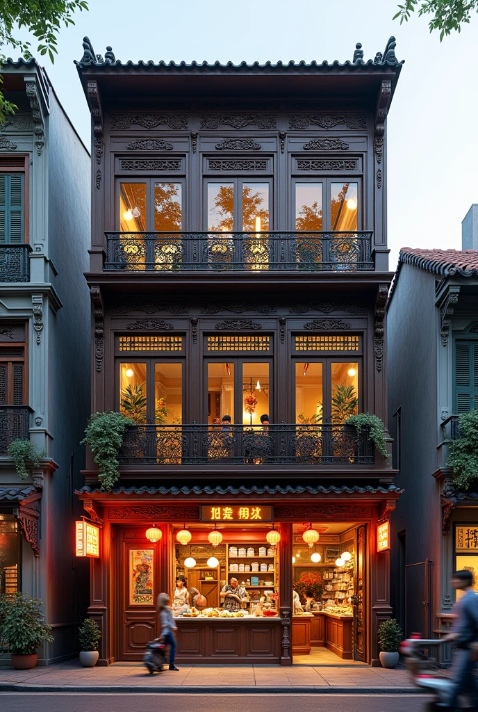 Make me a picture of a three-story shophouse with the front view and the front second floor as a food stall.