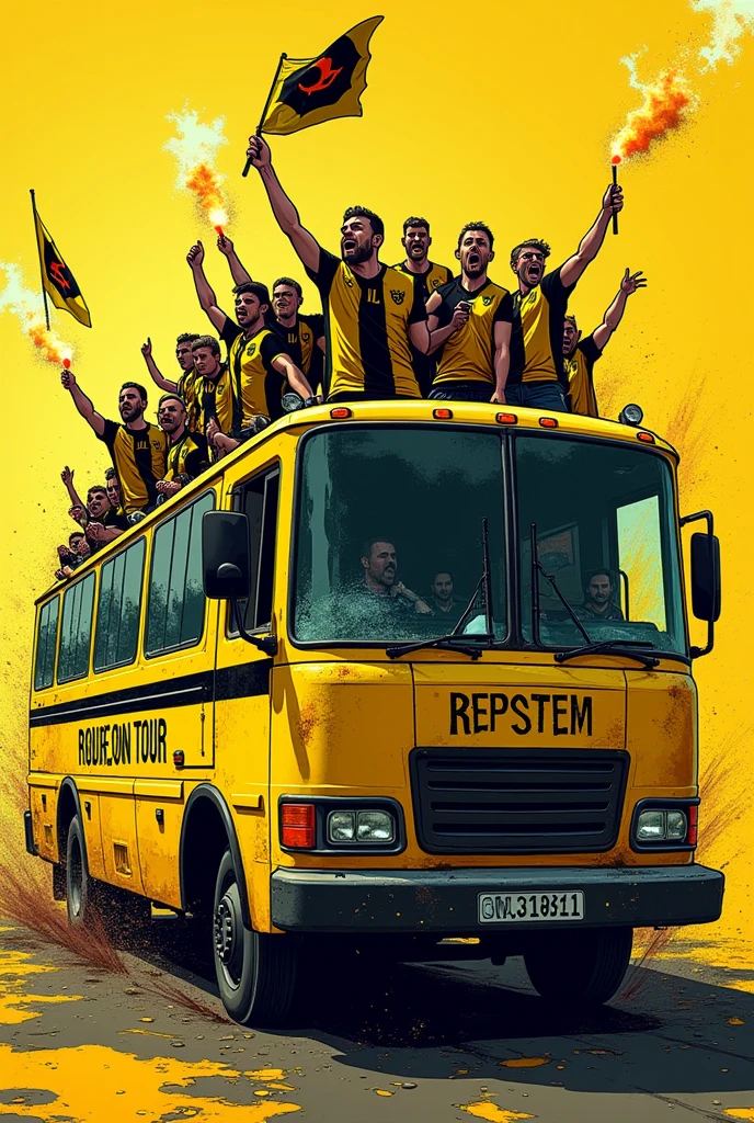 Image illustrations bus jaune de supporters de style Ultras hooligans habiller en jaune et noir. Les fenêtres du bus sont casser. Des supporters sont sur le toit avec des fumigènes jaune et noir dans la mains et des drapeaux jaune et noir à damiers dans la mains. Il est inscrit sur le bus «ROUEN ON TOUR »