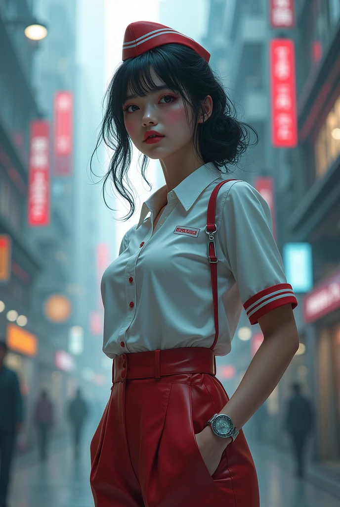 (1 girl:1.3), Alone, __body parts__ delicate and realistic skin, Pale skin, big, official art, 1k unified wallpaper, ultra detail, beauty and aesthetics, beauty, masterpiece, Best Quality, in the cyberpunk city, fantastic atmosphere, calm color palette, peaceful mood, soft shadows, stewardess uniform, glamour
