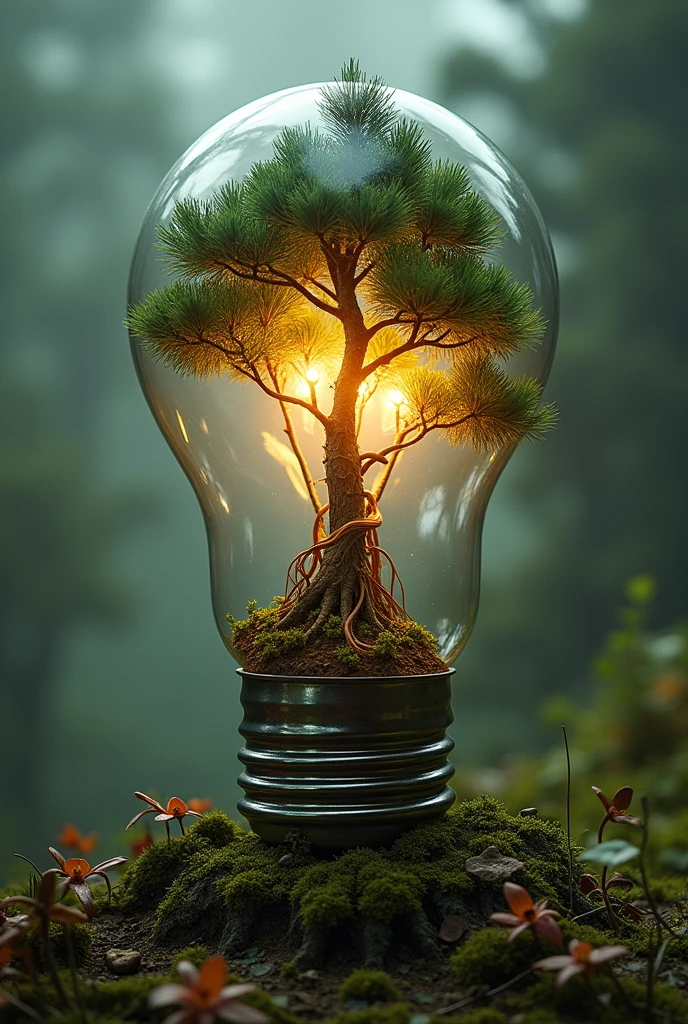 Araucaria pine inside a lamp and roots coming out of the bulb