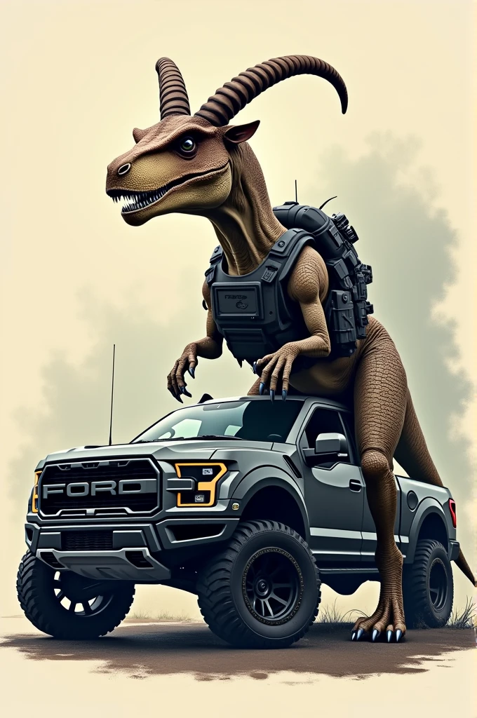 Make me a logo of a war Velociraptor, with a Ford Raptor behind and the Velociraptor with a goat horn and bulletproof vest 