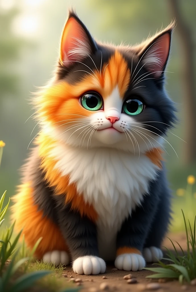 I create a ruffled orange cat, yellow, black and white