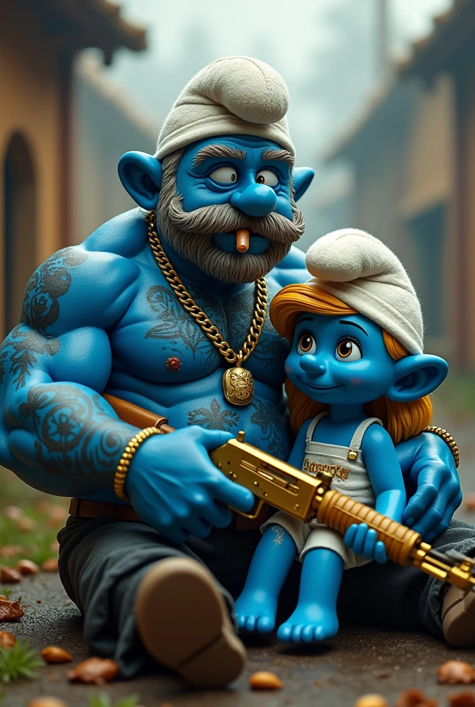 Smurfette is a very beautiful girl sitting on Papa Smurf's lap. Papa Smurf is very muscular and strong, with a cigar in his mouth and tattoos on his arms. He is seated in a chair. He has a gold necklace around his neck, and in one hand, he holds a gold-plated AK-47. On Papa Smurf's chest, there is a tattoo that says 'BATUHAN BEY'. The background shows the Smurfs' village in light-toned colors. The photo should have a realistic style.