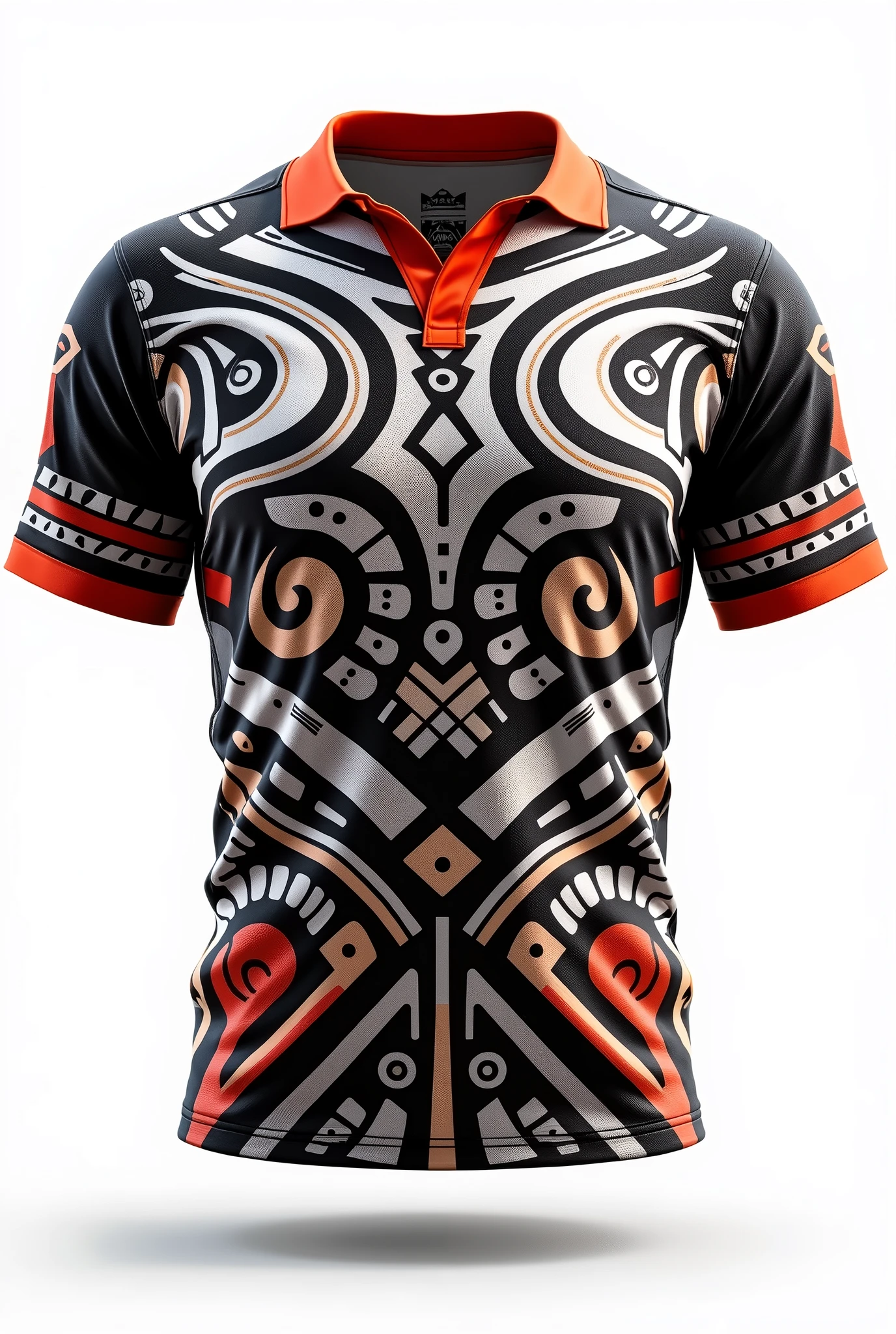 Create rugby jersey maori Samoa tribe full pattern black white red retro black orange collar white background front and back design side by two side clear design