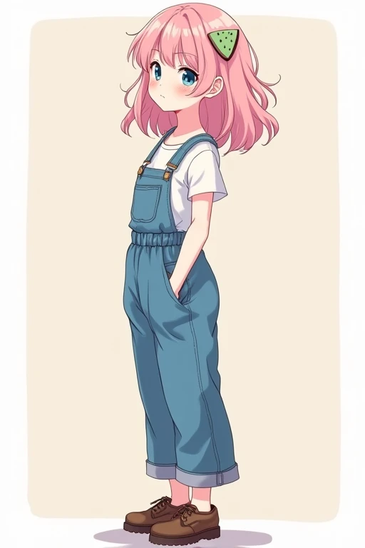A full-body side-view portrait of a beautiful anime high school girl with light pink fluffy long hair, a triangular watermelon decoration in her hair, blue eyes, wearing blue overalls over a white shirt, and brown shoes.