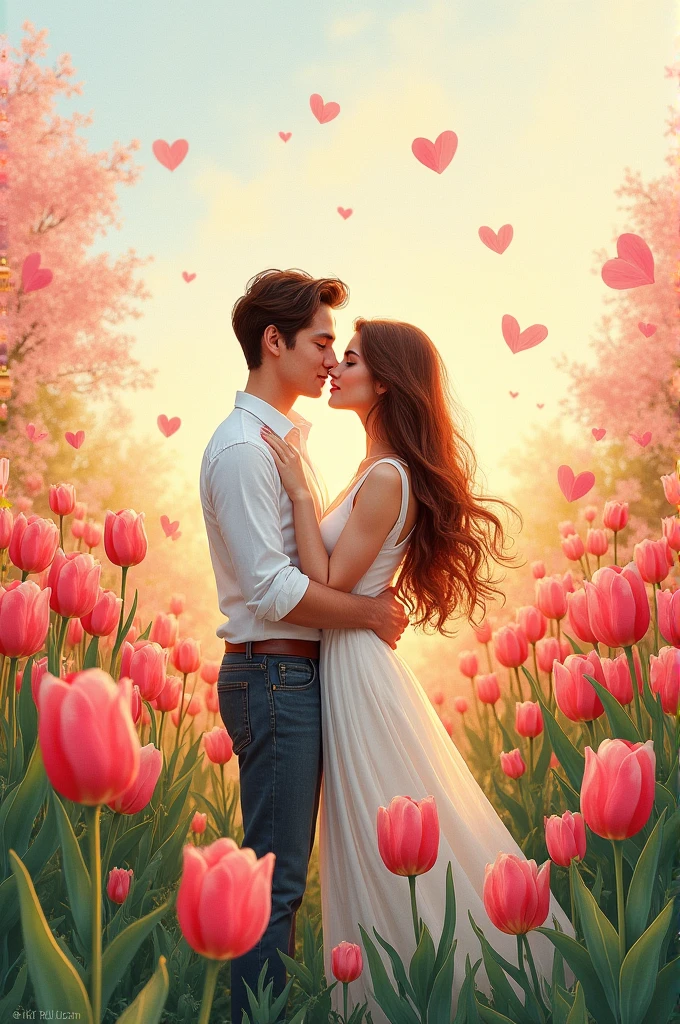 A romantic drawing where the names Milusca and Patrick appear with a landscape of tulip flowers
