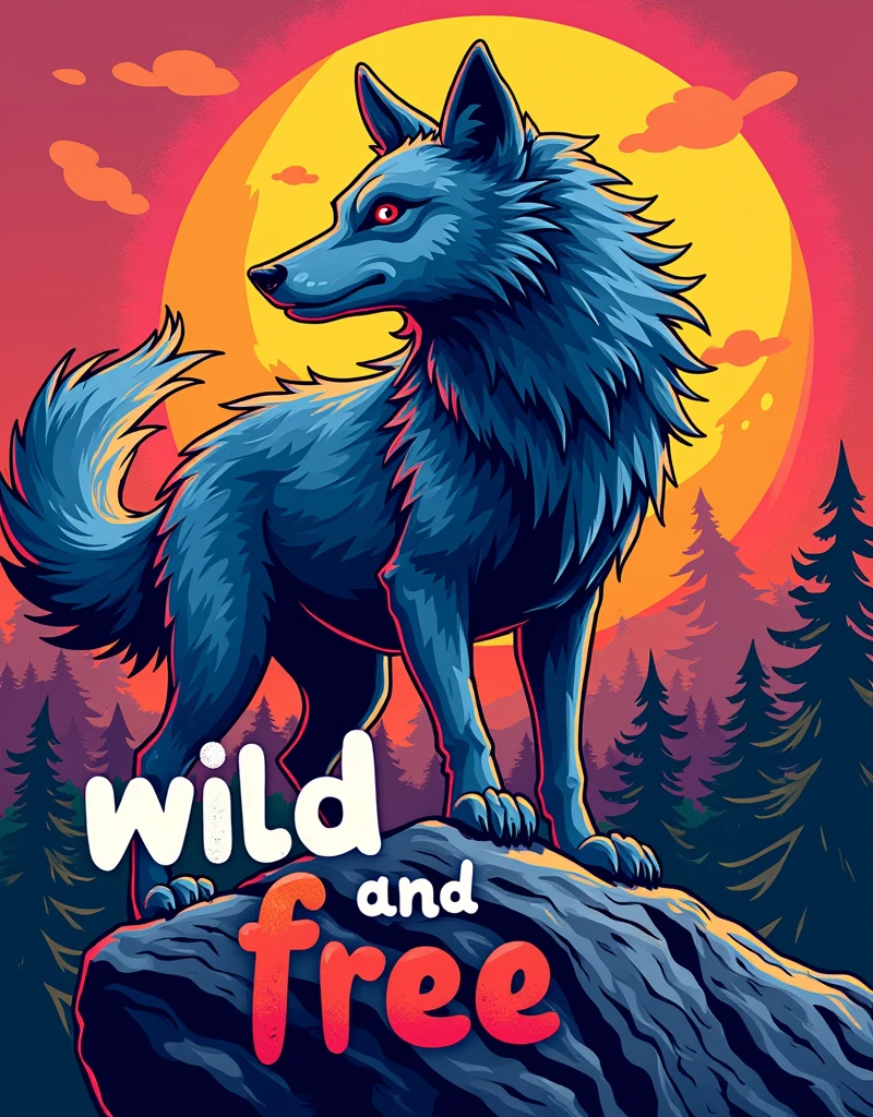 A wolf design svg, colourful, punchy colour, vibrant colours, puff design, ''wild and free'' written in background in funkey fonts,